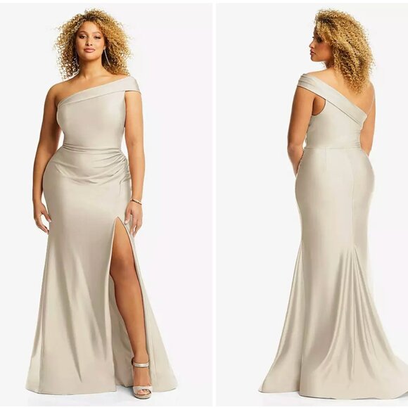 Dessy Cynthia &‎ Sahar One-Shoulder Bias-Cuff Stretch Satin Mermaid Dress M NEW - Picture 2 of 15